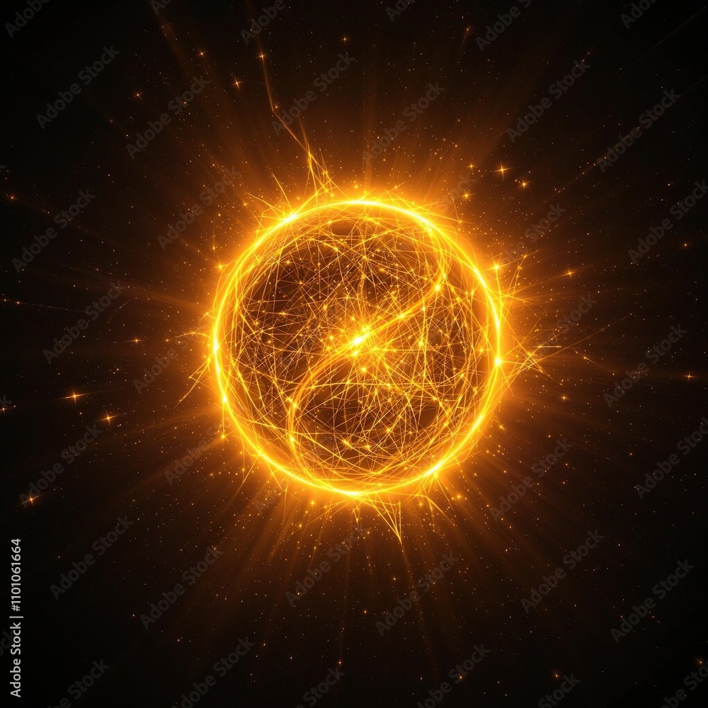 Obraz premium Golden aura surrounding a glowing orb in a dark abstract background, halo effect., dark space, abstract gold background, mystical energy, luminous atmosphere