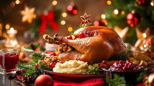 A golden roasted turkey with stuffing, surrounded by cranberry sauce and mashed potatoes, served on a Christmas themed table photo