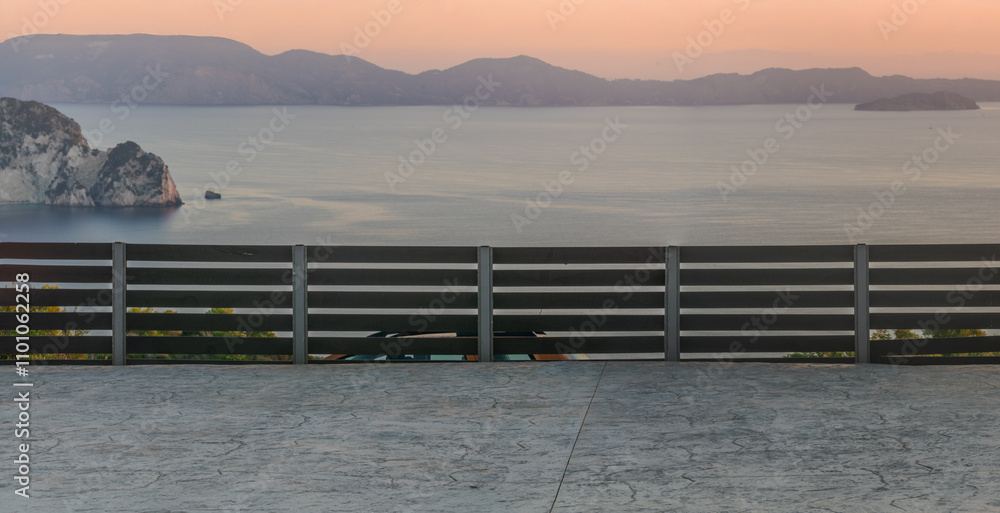 cgi backplate production.Concrete parking lot with railings and view of islands and sea