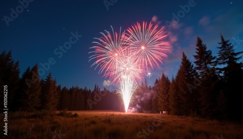 Fireworks Display Illuminating a Dense Forest Under a Clear Starry Sky for a Nature-Lovers Celebration photo