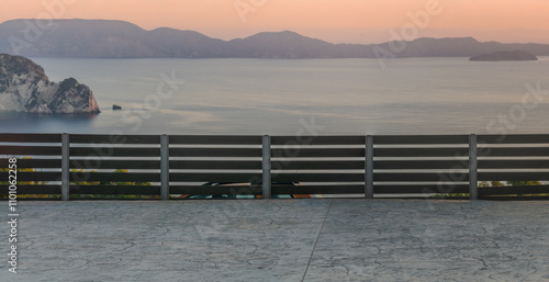 Obraz na płótnie cgi backplate production.Concrete parking lot with railings and view of islands and sea w salonie
