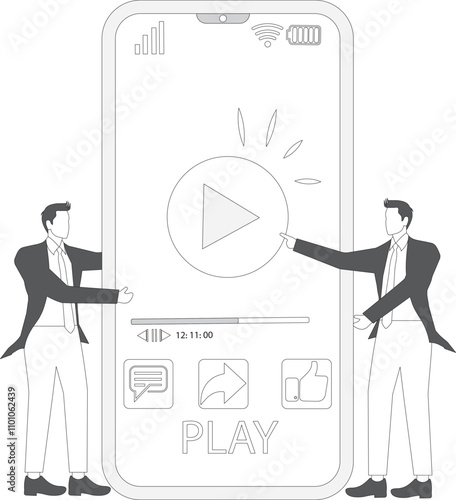 Two businessmen showing a big smartphone screen with a play button