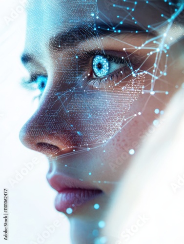 Face with polygonal hologram on eye. Face ID and innovation concept. Double exposure photo