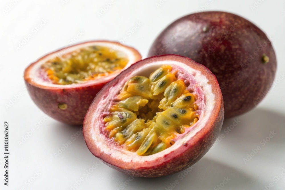 Close up of a halved passion fruit with vibrant seeds and juicy pulp on a clean surface Close up of a halved passion fruit with vibrant seeds and juicy pulp on a clean surface