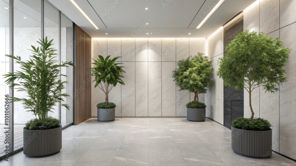 Fototapeta premium Potted greenery p around the perimeter brings a touch of nature inside contrasting beautifully with the sleek modern surfaces. The plants are carefully chosen to maintain the