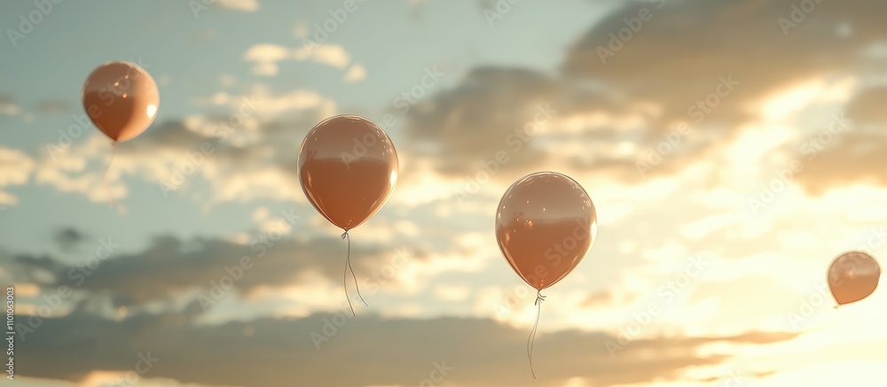 Fototapeta premium Balloons floating in a serene sky during sunset creating a festive and celebratory atmosphere for events and occasions.