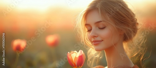 Elegant young woman in brown dress savoring a tulip in a sunlit field with soft floral hues in the background photo