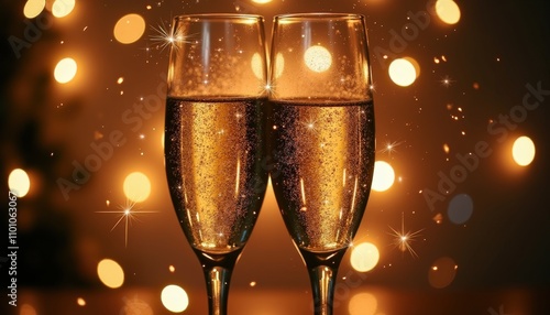 Sparkling Champagne Glasses Clinking in a Festive Celebration With Glittering Background Lights photo