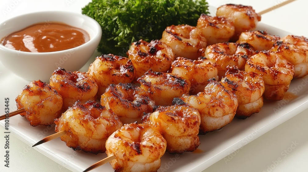 Barbecued shrimp skewers with peanut sauce garnished with fresh herbs on a white background ideal for culinary presentations and food photography Barbecued shrimp skewers with peanut sauce garnished with fresh herbs on a white background ideal for culinary presentations and food photography
