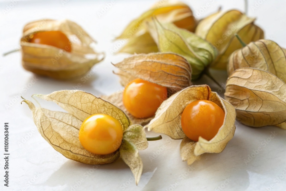 Physalis berries nestled in delicate husks reveal their vibrant colors and beauty Physalis berries nestled in delicate husks reveal their vibrant colors and beauty
