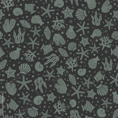 Underwater seamless pattern with repeated coral polyps, mollusks, starfish, shell, clam, fish, oyster, and seaweed. Aquatic irregular mixed ornament. Groovy hand drawn ocean wildlife vector print