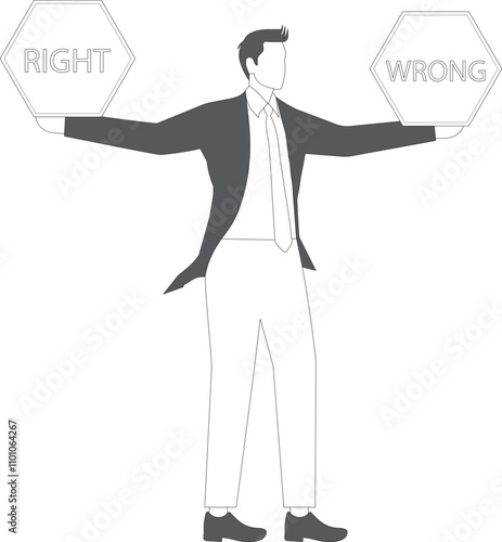 Businessman holding right and wrong sign