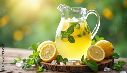 Refreshing Lemonade Pitcher With Mint Leaves and Ice Surrounded by Summery Decorations photo