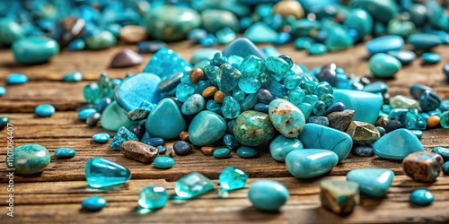 Turquoise gemstones scattered on a wooden table with other precious stones and crystals, treasure trove, decorative table, gemstone, crystal, turquoise stone photo