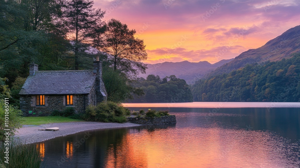 Obraz premium Vibrant Sunset Reflecting on Calm Lake Near a Cozy Stone Cottage Surrounded by Lush Mountains and Trees