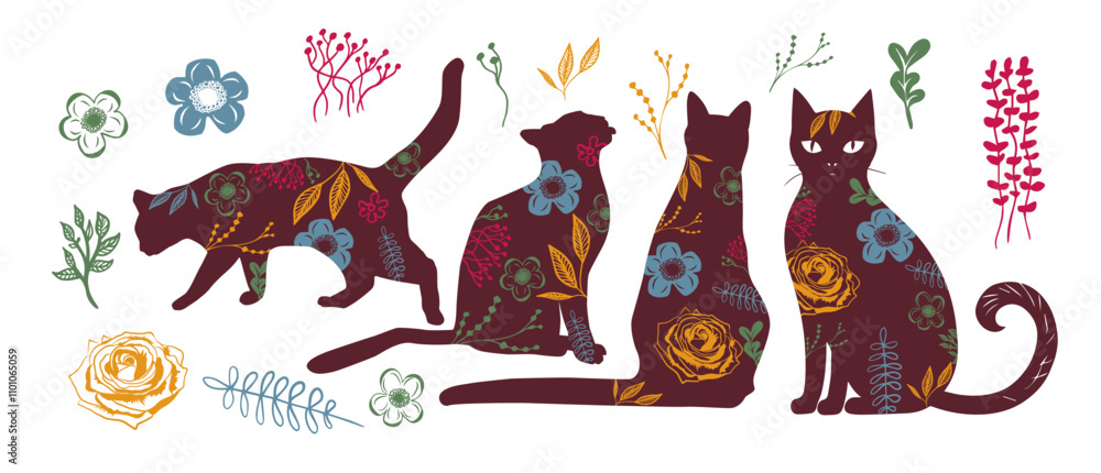 Fototapeta premium Set of cat silhouettes with flowers. Not AI, Vector illustration