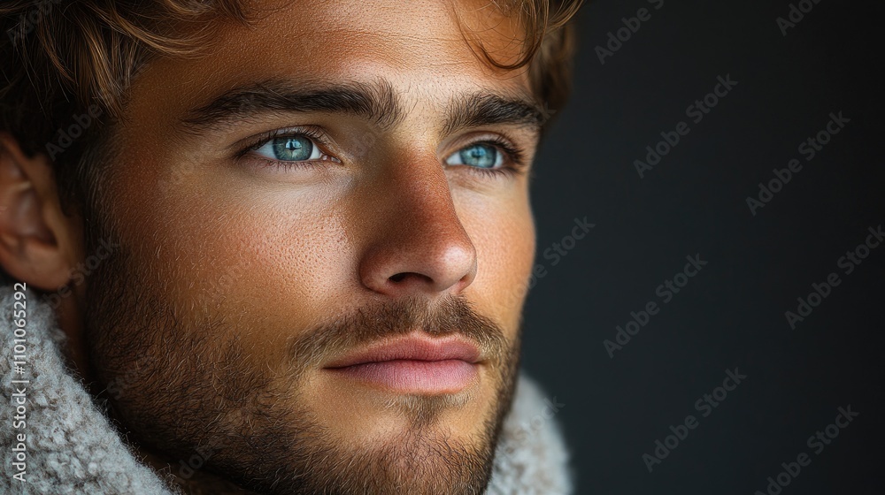Obraz premium Portrait of a handsome young man with blue eyes and stubble captured in a studio setting with a dark background and soft lighting