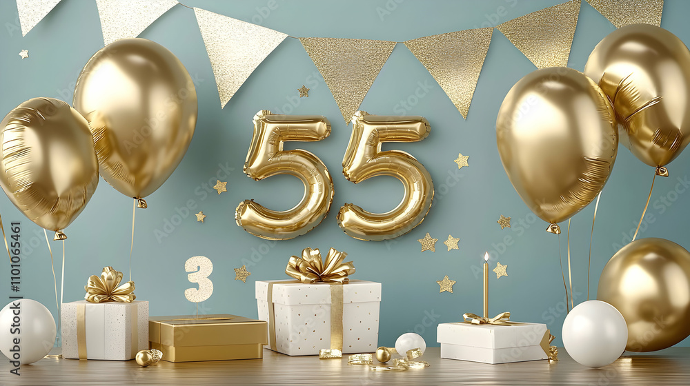 Golden Balloons Celebrate 55th Birthday with Gifts and Confetti on Teal Background Golden Balloons Celebrate 55th Birthday with Gifts and Confetti on Teal Background