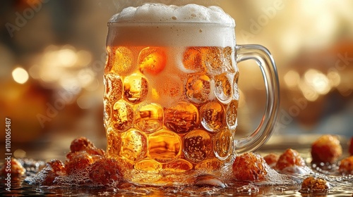 Refreshing glass of beer with frothy head surrounded by golden bubbles and savory snacks in a warm ambient setting photo