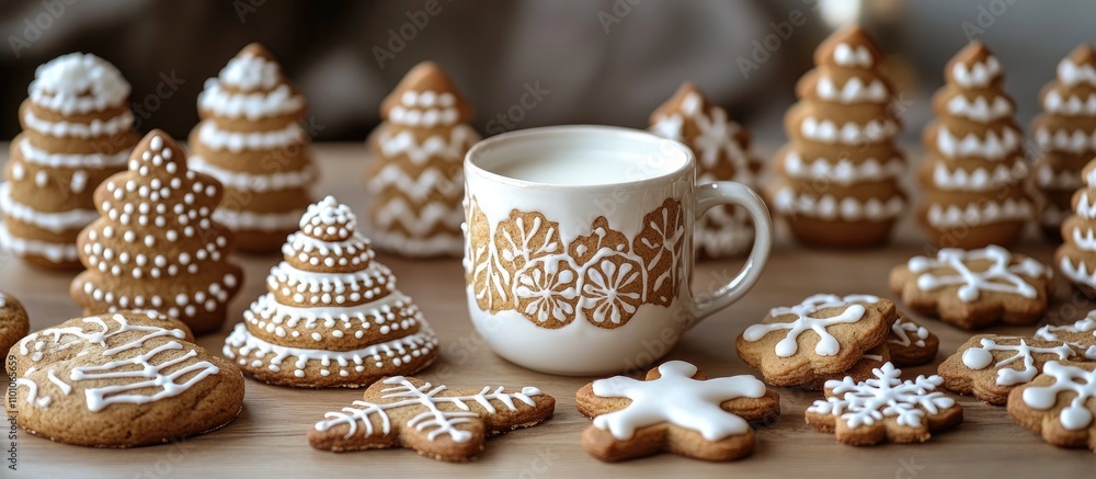 Gingerbread cookies and a mug of milk creatively arranged on a light wooden table with handmade decorations for a festive ambiance Gingerbread cookies and a mug of milk creatively arranged on a light wooden table with handmade decorations for a festive ambiance