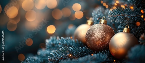 Elegant Christmas tree ornaments with a warm bokeh background creating a festive and magical holiday atmosphere. photo