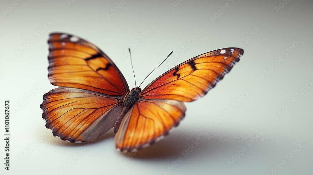 Fototapeta premium Vibrant orange butterfly gracefully flying solo on a soft white background enhancing its delicate beauty and intricate wing patterns