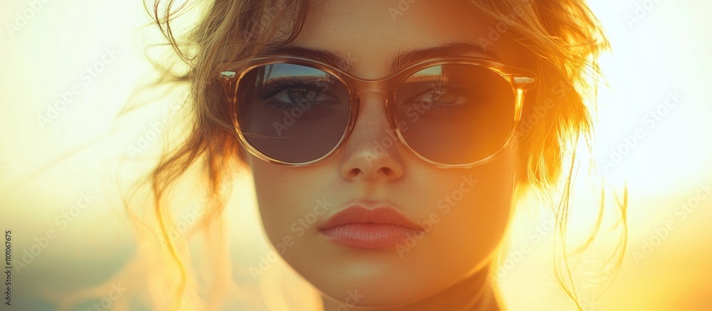 Stylish woman wearing sunglasses with sunlight creating a captivating glow and soft shadows for an enchanting portrait effect Stylish woman wearing sunglasses with sunlight creating a captivating glow and soft shadows for an enchanting portrait effect