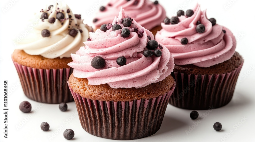 Gourmet cupcakes with pink frosting and chocolate sprinkles on a white background perfect for desserts or celebrations Gourmet cupcakes with pink frosting and chocolate sprinkles on a white background perfect for desserts or celebrations