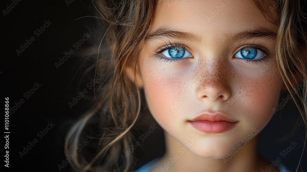 Naklejka premium Closeup portrait of a young girl with striking blue eyes and natural freckles against a dark background showcasing innocence and beauty.