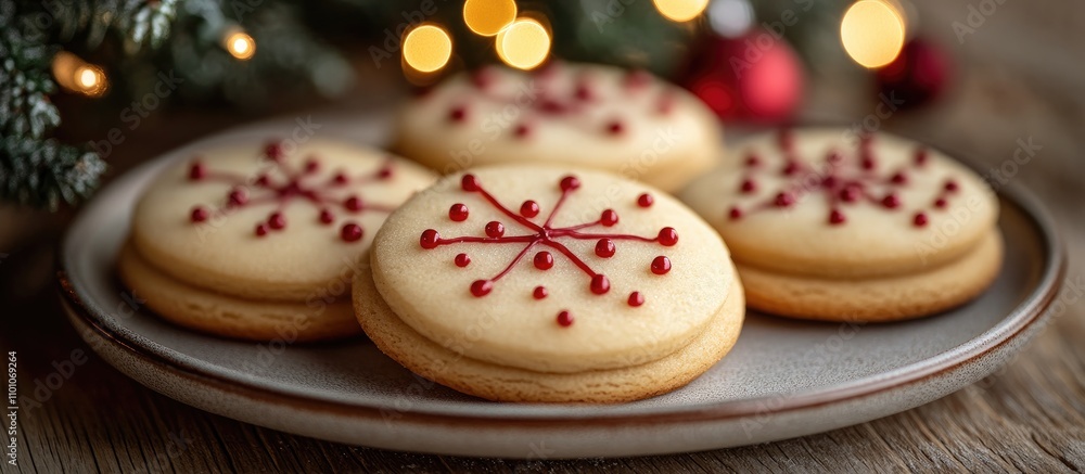 Festive Christmas cookies decorated with snowflake designs on a plate beside a beautifully lit tree with holiday ornaments Festive Christmas cookies decorated with snowflake designs on a plate beside a beautifully lit tree with holiday ornaments