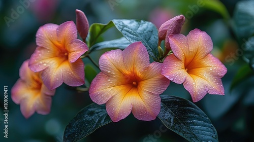 Allamanda blanchetii vibrant purple flowers with orange centers surrounded by lush green leaves in a serene garden setting photo