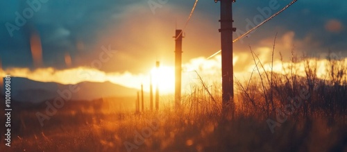 Power transmission poles silhouetted against a sunset in a rural landscape symbolizing energy infrastructure and connectivity. photo