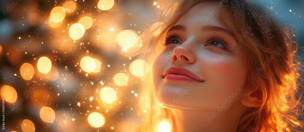 Cheerful girl in light dress smiling beside a tree with glowing garland lights creating a magical holiday atmosphere Cheerful girl in light dress smiling beside a tree with glowing garland lights creating a magical holiday atmosphere
