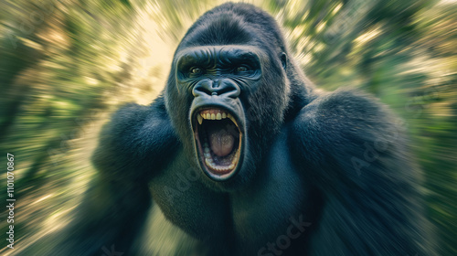 Gorilla yawning in a lush jungle environment during daylight. photo