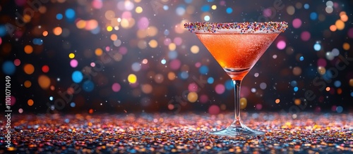 Cocktail shaker and colorful confetti on a sparkling backdrop with a vibrant cocktail glass and ample copy space for your text photo