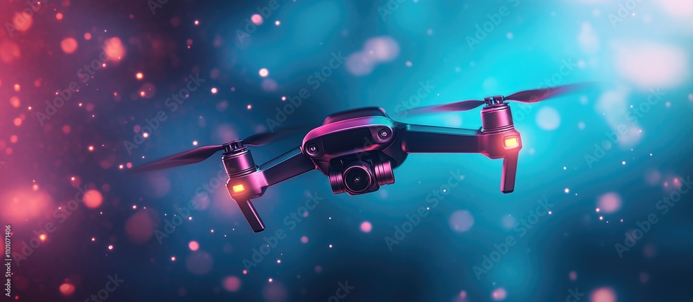 Naklejka premium Pocket drone flying in vibrant blue and pink backdrop showcasing modern aerial technology and the spirit of outdoor adventure