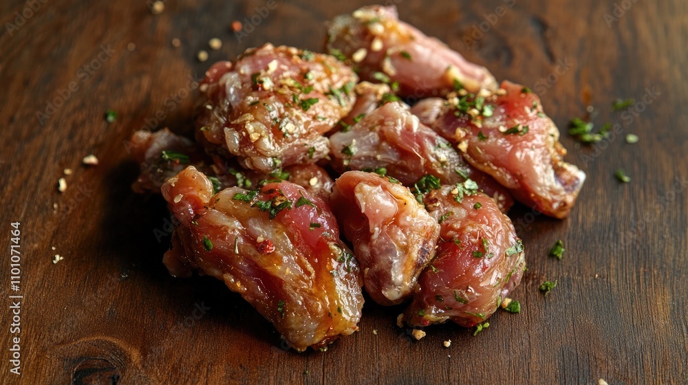 Marinated chicken wings seasoned with herbs and spices, arranged on a rustic wooden surface, showcasing their flavorful preparation. Marinated chicken wings seasoned with herbs and spices, arranged on a rustic wooden surface, showcasing their flavorful preparation.