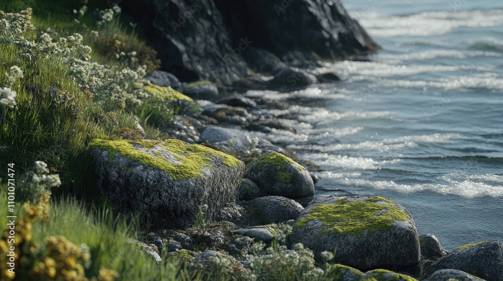 Moss-Covered Rocks by a Serene Shoreline Highlighted by Gentle Waves and Vibrant Greenery Moss-Covered Rocks by a Serene Shoreline Highlighted by Gentle Waves and Vibrant Greenery