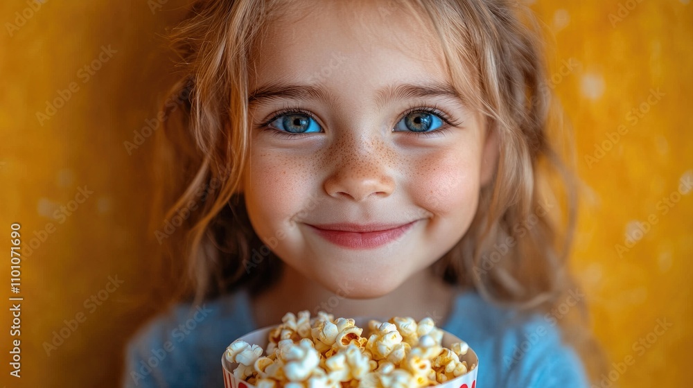 Naklejka premium Joyful girl with popcorn radiating happiness and excitement against a warm yellow background. Perfect for family or lifestyle themes.