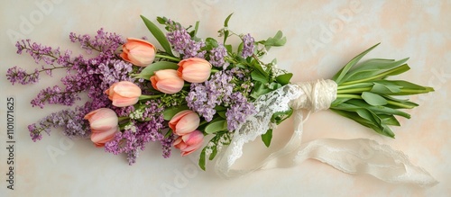 Wallpaper Mural Spring flowers bouquet with tulips and lilac tied with ribbon on bicolor background showcasing vibrant colors and elegant design overhead view Torontodigital.ca