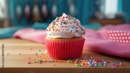 Frosted cupcake with colorful sprinkles on a wooden cutting board surrounded by a vibrant napkin and playful decoration elements photo