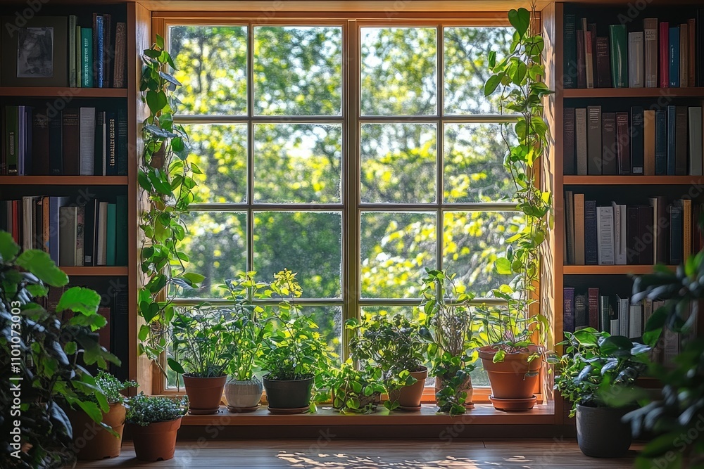 Potted plants flourishing on windowsill in cozy library room Potted plants flourishing on windowsill in cozy library room