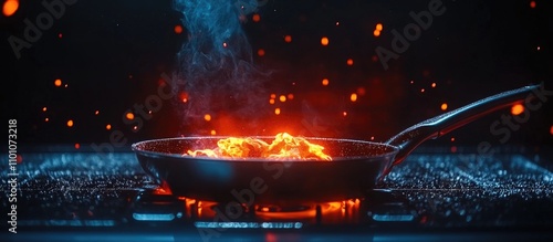 Dynamic shot of a frying pan on a stovetop with flames and smoke capturing the essence of cooking and kitchen creativity photo