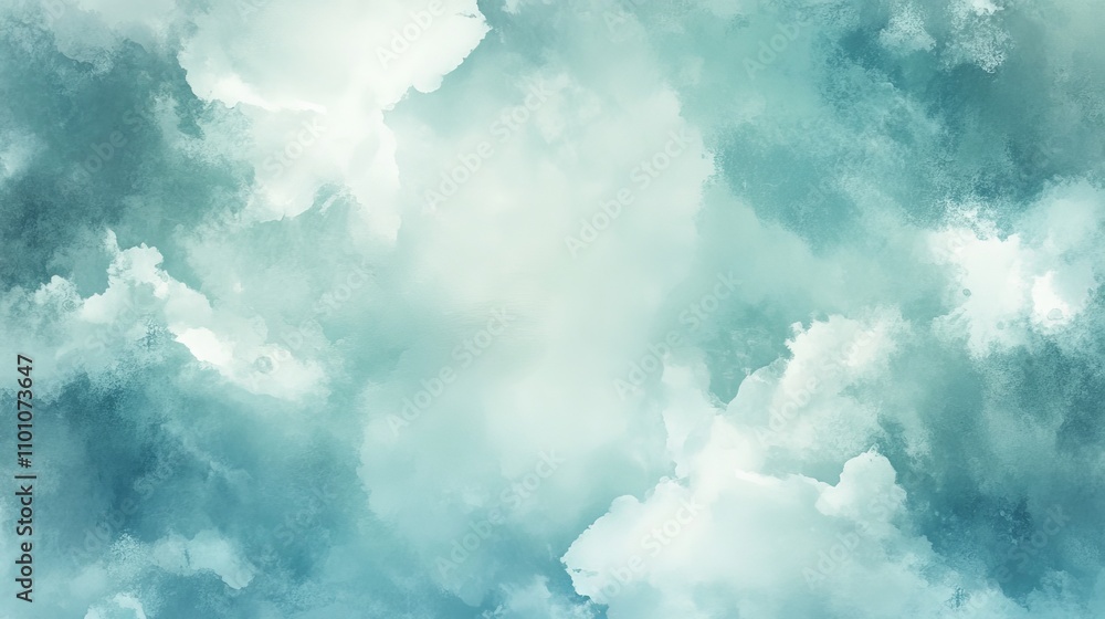 Blue green watercolor background with white cloudy center and abstract sky border design texture, artistic fluid art, decorative seamless pattern, soft color blend for graphic design, digital texture