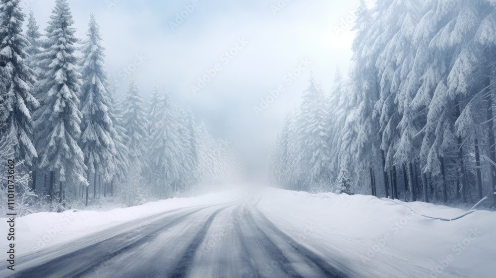 Obraz premium Enchanting winter road through snowy forest with misty backdrop showcasing snow-covered pine trees in a romantic serene landscape.
