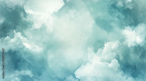 Obraz na płótnie Blue green watercolor background with white cloudy center and abstract sky border design texture, artistic fluid art, decorative seamless pattern, soft color blend for graphic design, digital texture w salonie