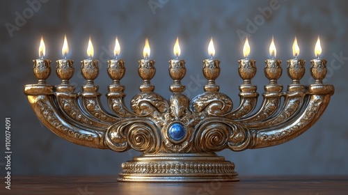 Elegant vintage Hanukkah menorah with lit candles against a textured background showcasing festive religious tradition and warmth. photo