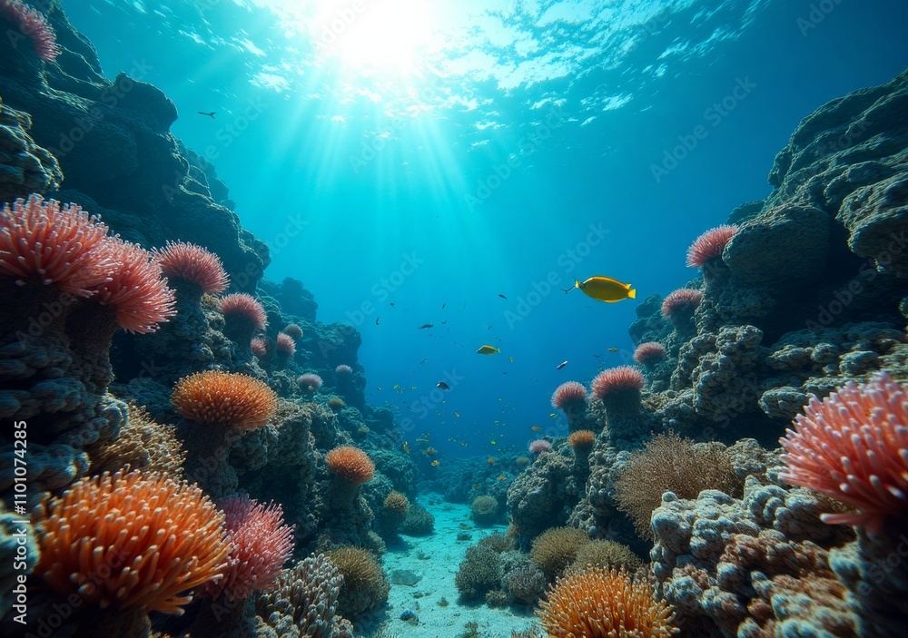 Fototapeta premium Colorful coral reef with diverse marine life in a sunlit underwater landscape