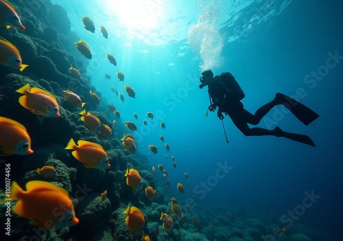 Wallpaper Mural Diver exploring vibrant coral reef teeming with colorful fish in clear blue waters Torontodigital.ca