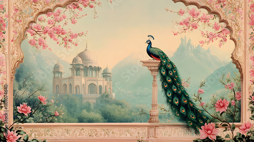 Peacock Perched on Column, Majestic Palace View, Floral Archway, Serene Landscape Painting